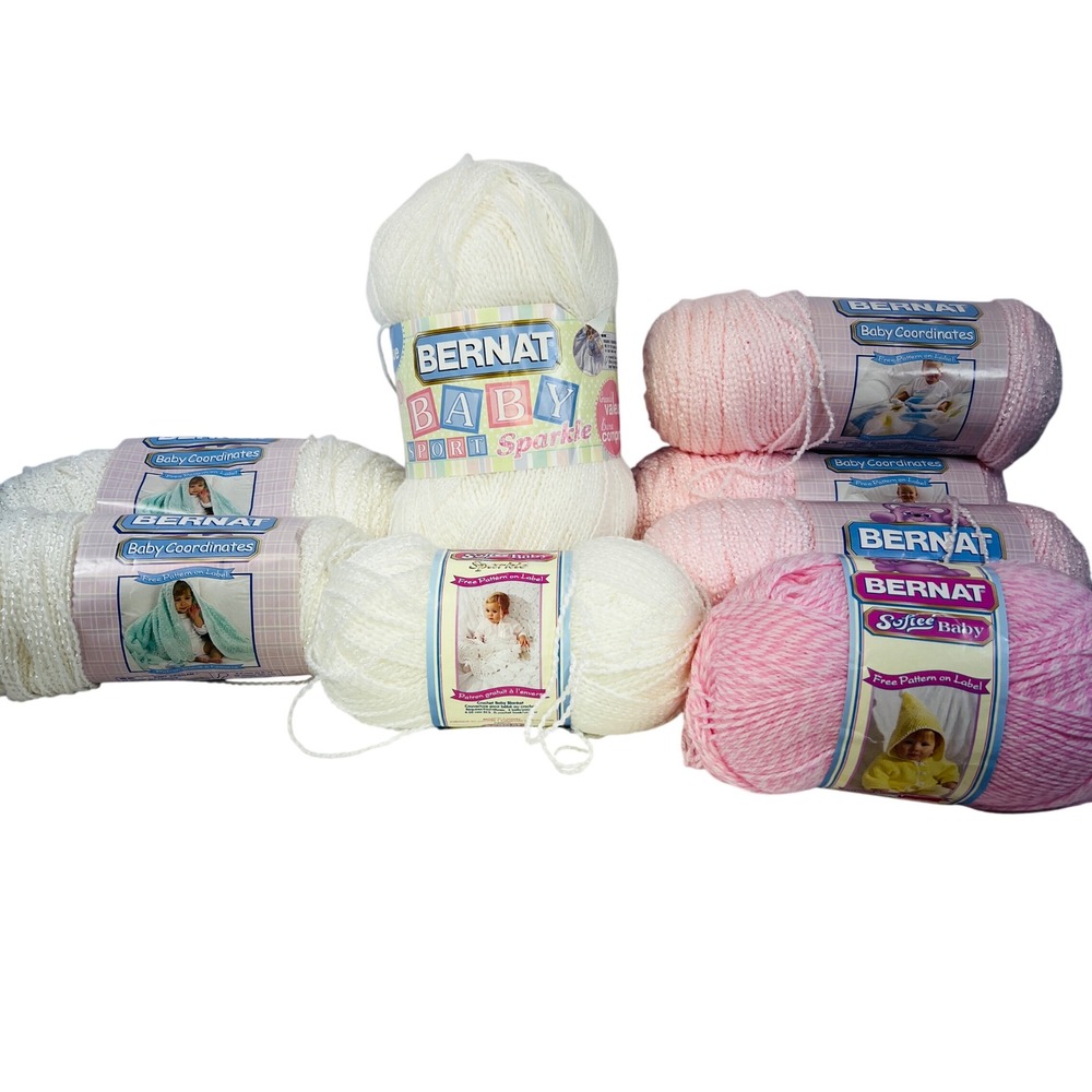 Bernat Baby Yarn Bundle 8 Skeins Pink White Sparkle Coordinates Softee Sport